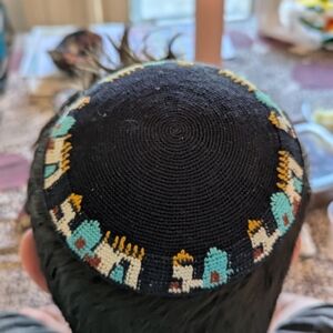 Handcrafted Blue and Gold Kippah With Jerusalem Skyline. Jewish. Made In Israel.